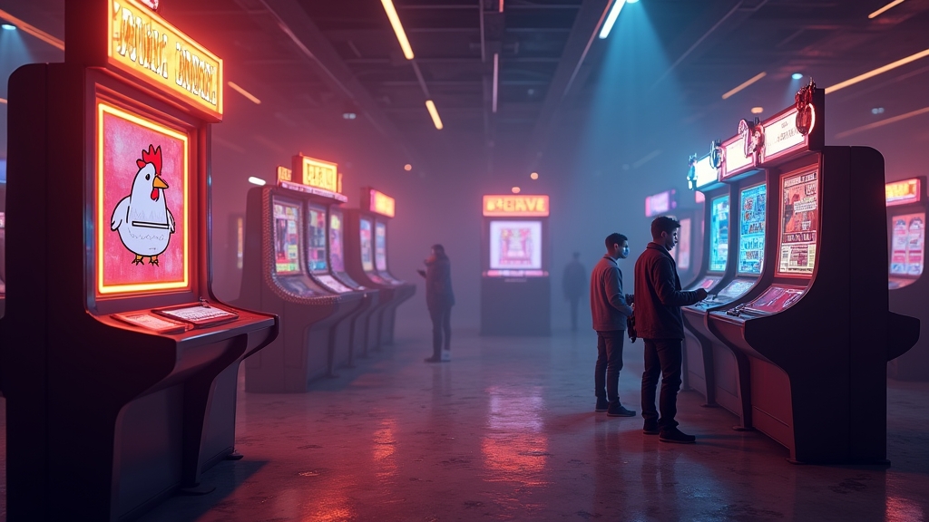 Dunkle Casino-Szene mit Bonuscode-Anzeige und Chicken-Road-Spielmotiv