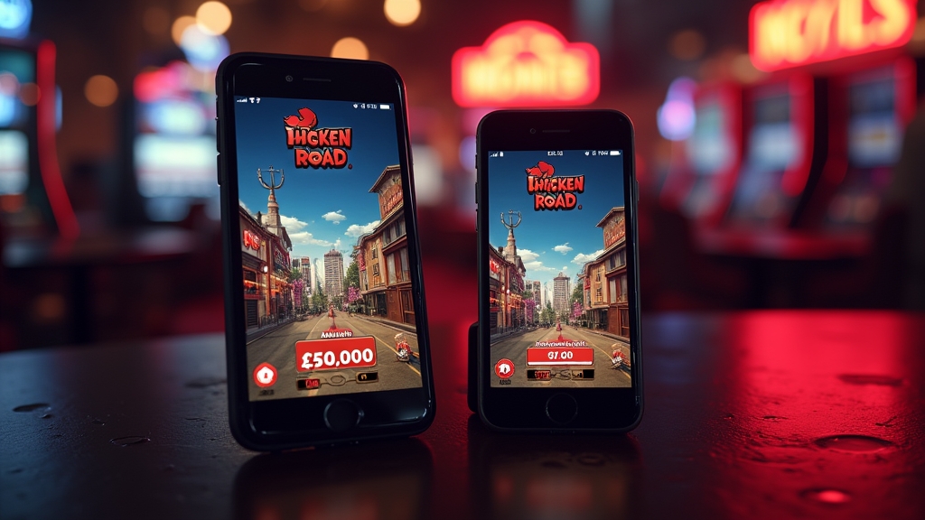 Android und iPhone zeigen Chicken Road in dunkler Casino-Atmosphäre