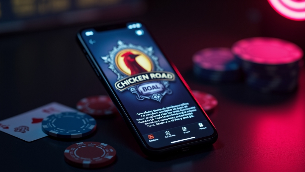 Smartphone zeigt Installationsseite für Chicken Road in dunkler Casino-Atmosphäre