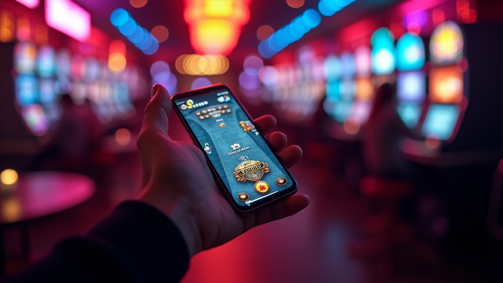 Handy mit laufender Chicken Road Runde in dunkler Casino-Lounge