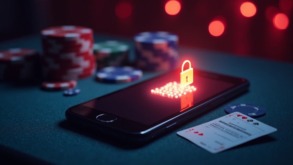 Smartphone mit Sicherheitsanzeige und Schloss in dunkler Casino-Atmosphäre